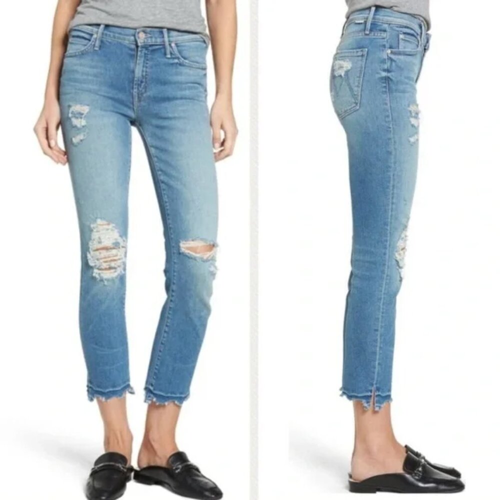 MOTHER DENIM RASCAL ANKLE SNIPPET CHEW RIPPED JEANS STRETCH DENIM RAW HEM sz 26